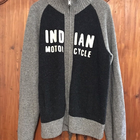 Lucky Brand Indian Motorcycle Lambswool Cotton Cardigan Sweater Zip Up Size XL - Picture 1 of 5